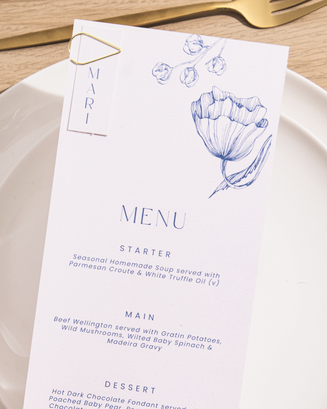 Wedding menu & place card with gold clip