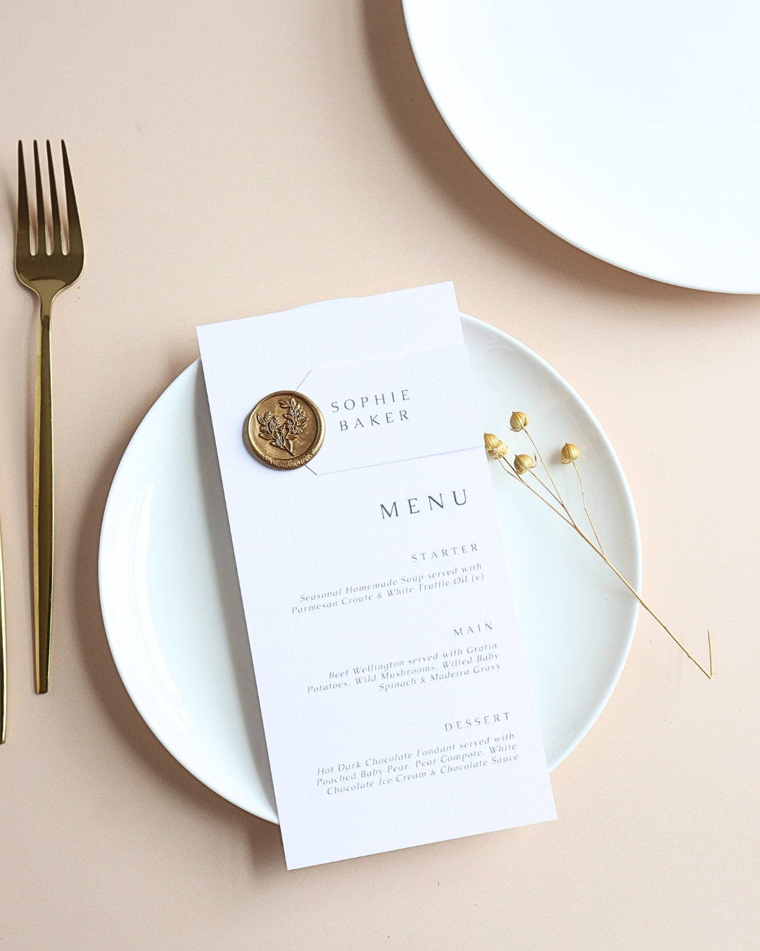 Gold Wax Seal Wedding Menu & Place Setting