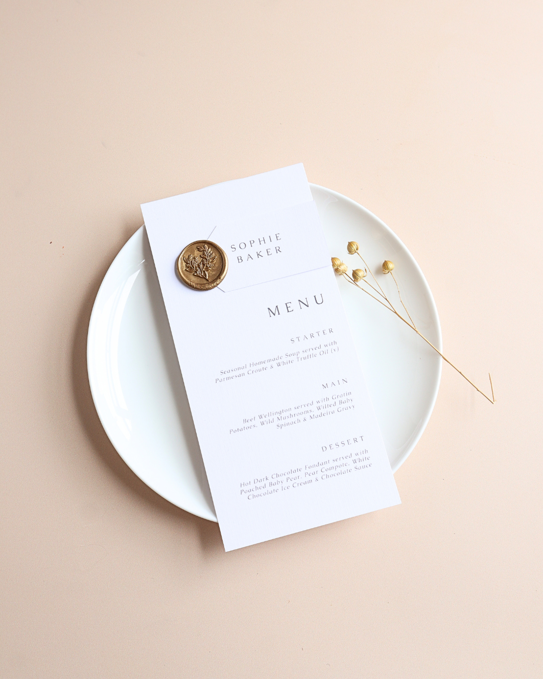 Gold Wax Seal Wedding Menu & Place Setting