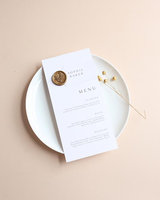 Eleanor Gold Wax Seal Wedding Menu & Place Setting