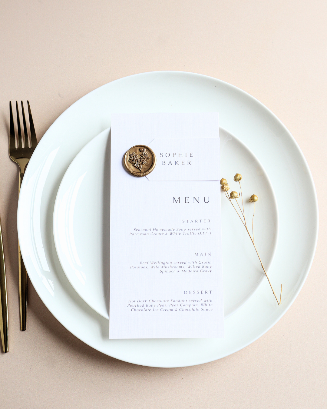 Gold Wax Seal Wedding Menu & Place Setting