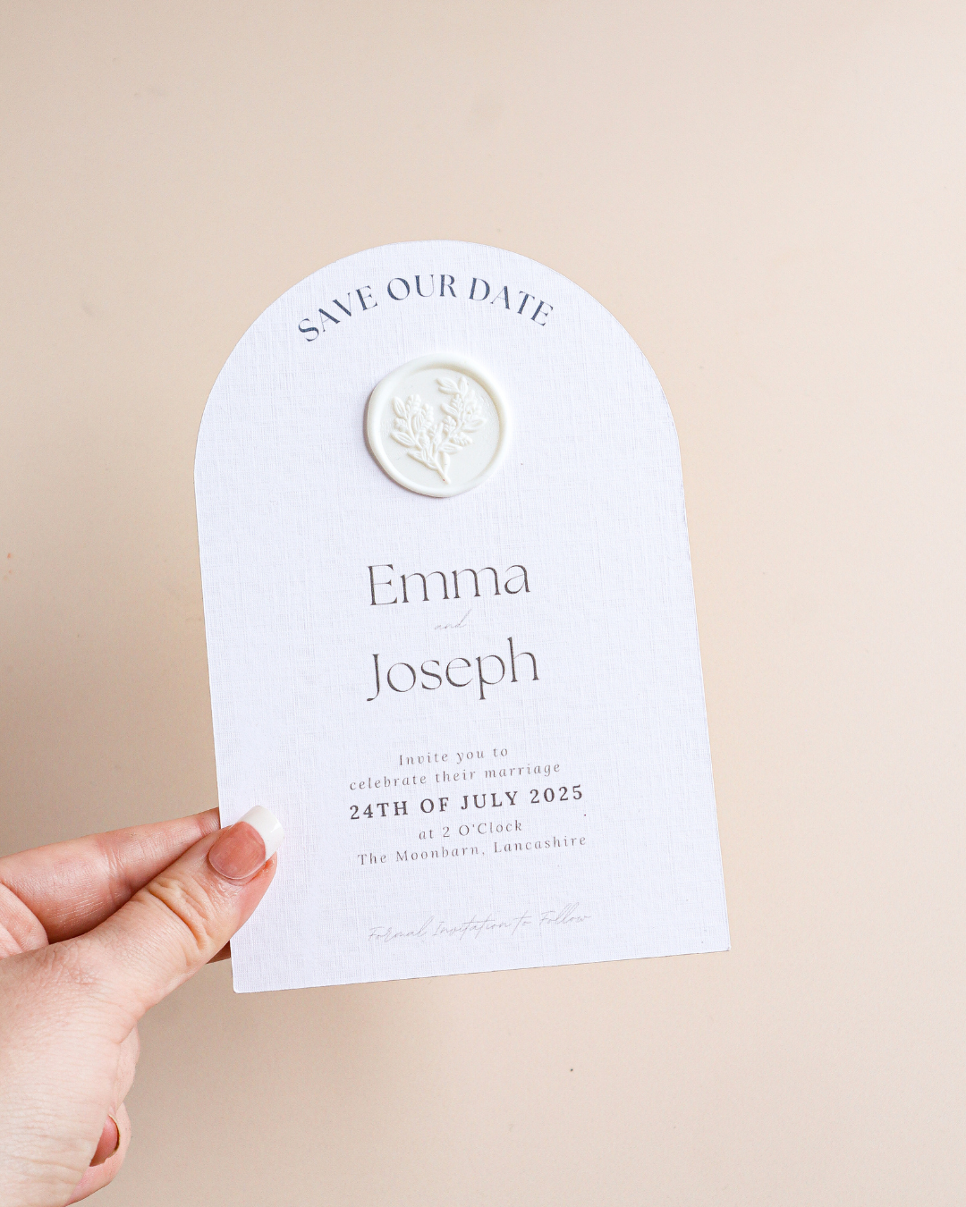 Boho Arched Save The Date with White Wax Seal