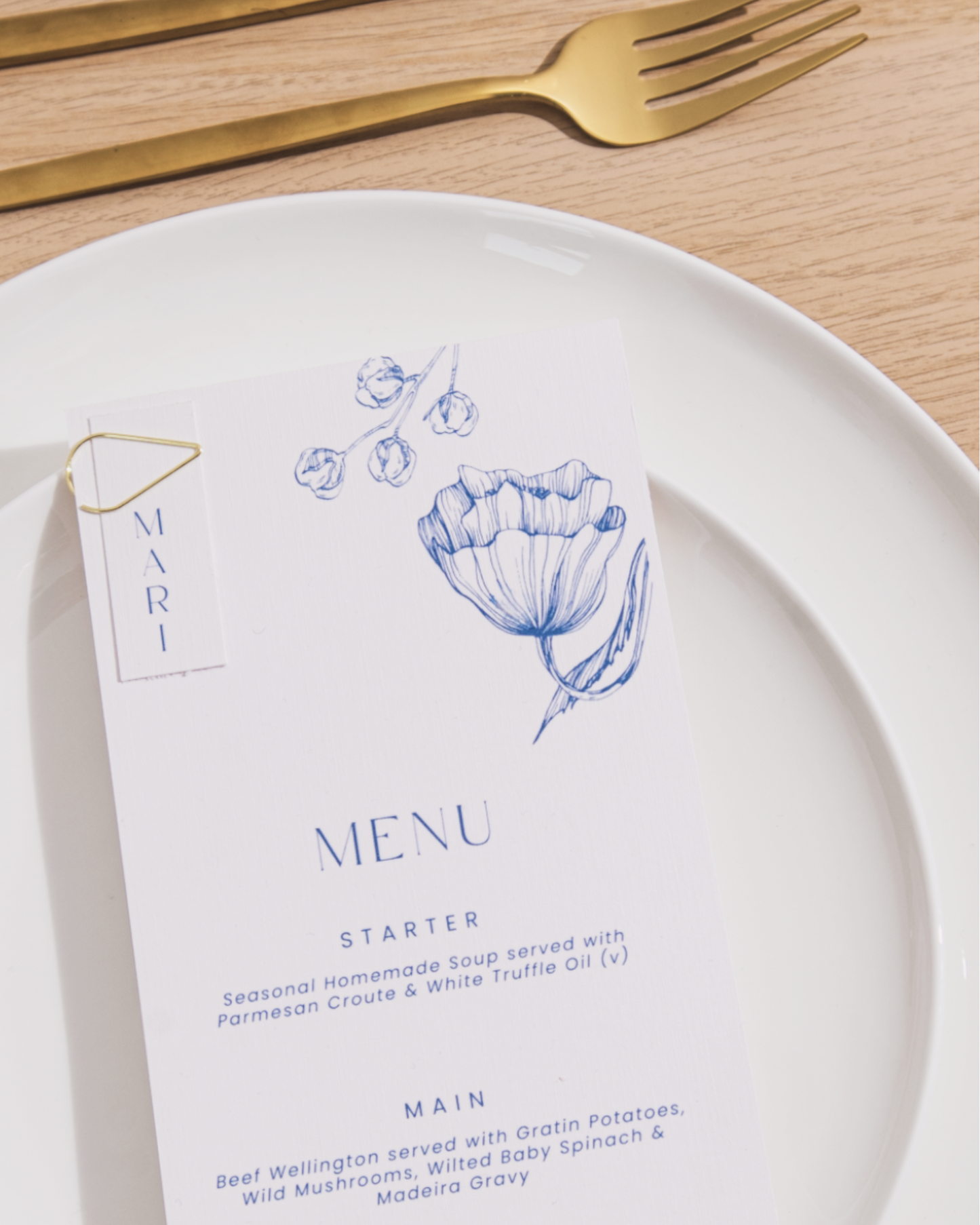 Wedding menu & place card with gold clip