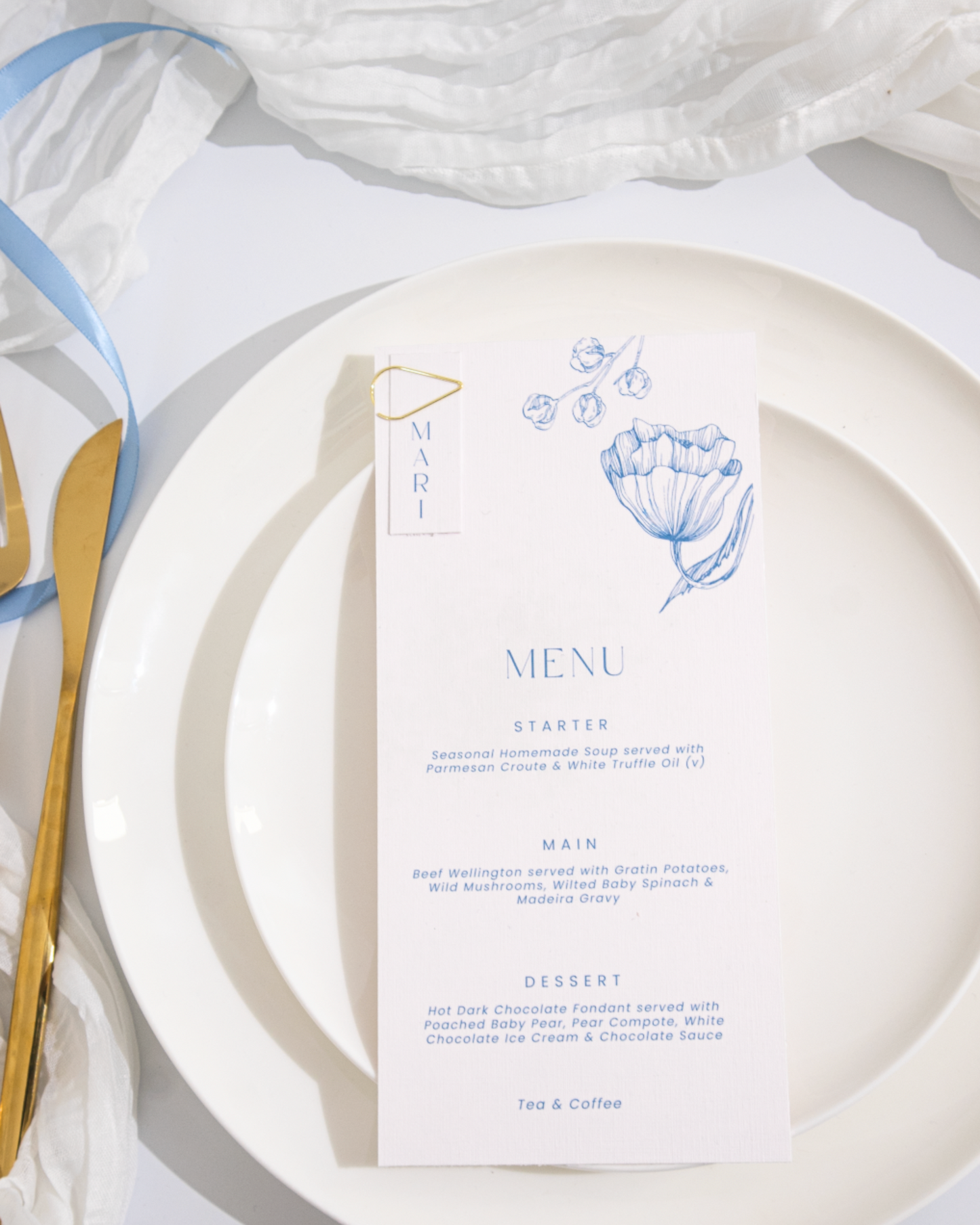 Wedding menu & place card with gold clip