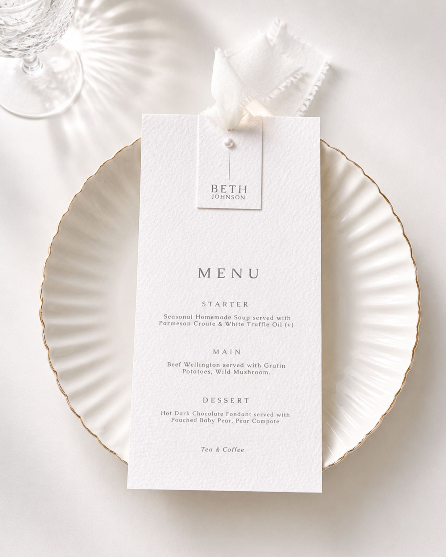 Perla Chiffon Ribbon Wedding Menu with Place Name & Pearl