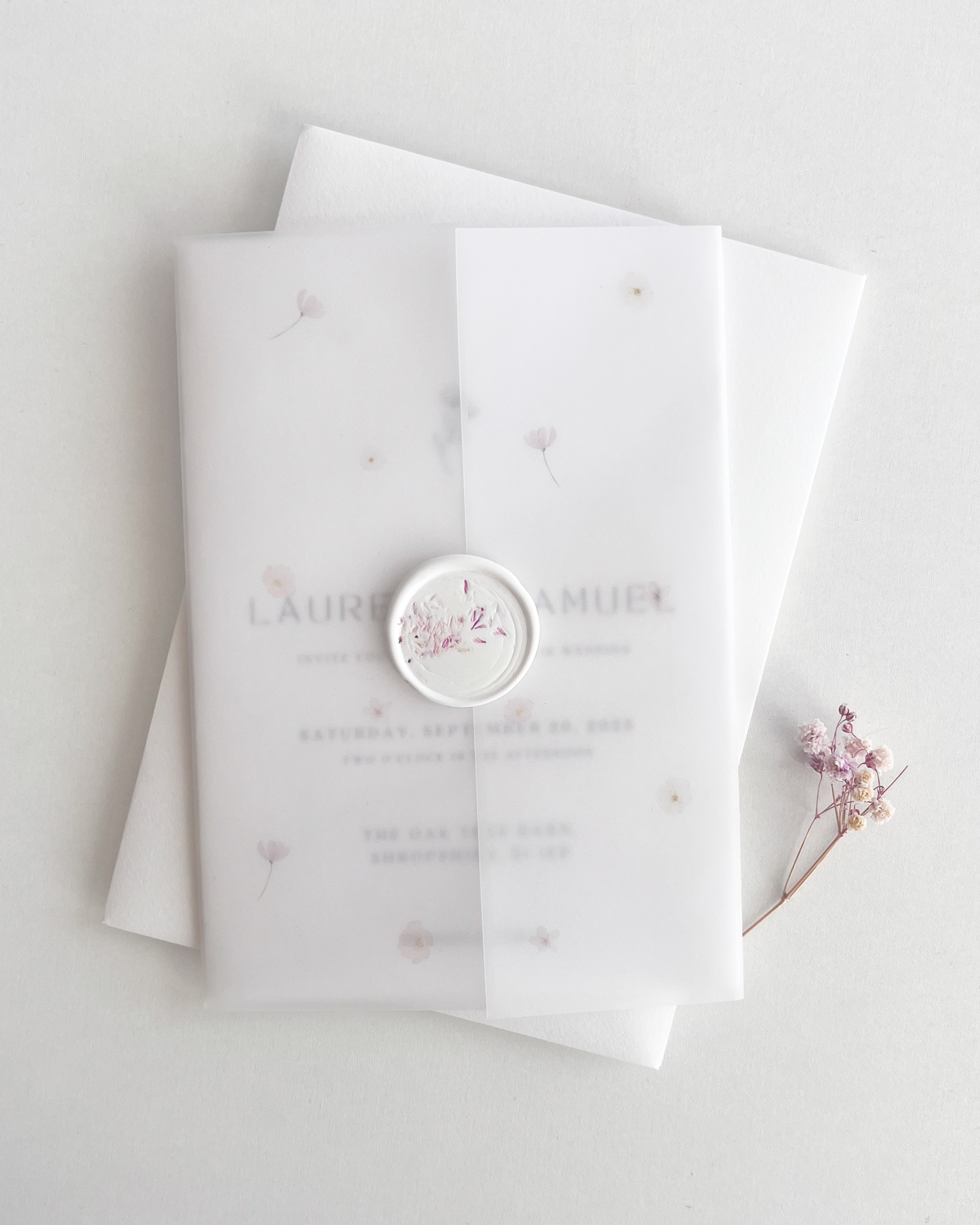 Floral Vellum Wedding Invitation Suite with Pressed Flower Wax-Seal - 'Harper'