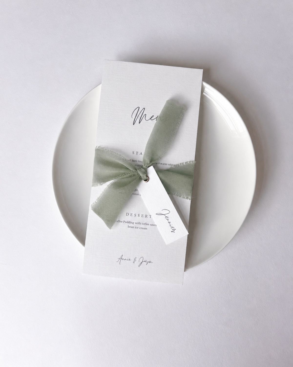 Eleanor Wedding Menu with Chiffon Ribbon & Place-Name