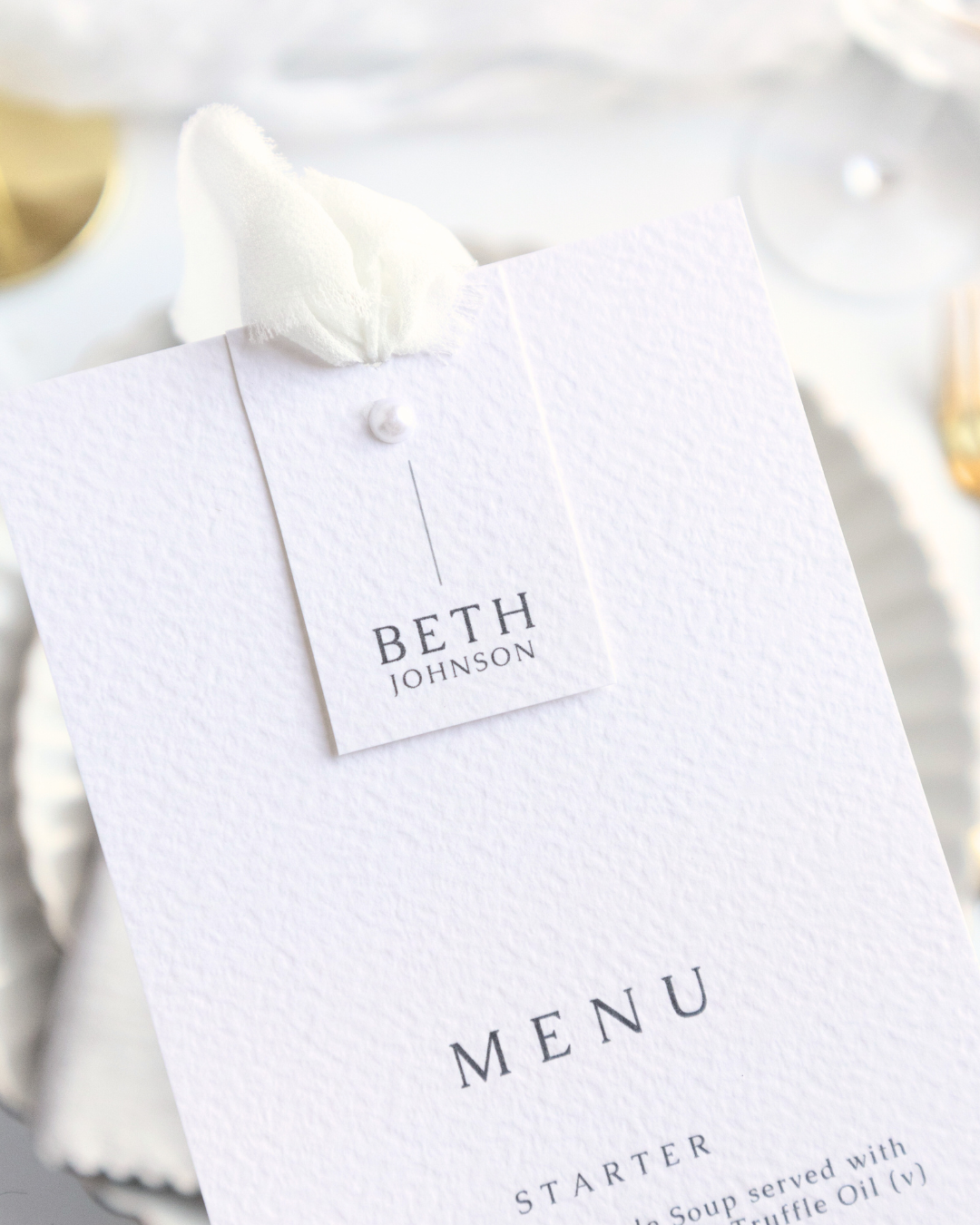 Perla Chiffon Ribbon Wedding Menu with Place Name & Pearl