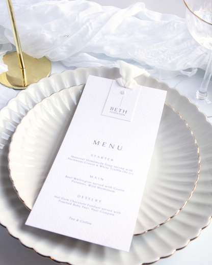 Perla Chiffon Ribbon Wedding Menu with Place Name & Pearl