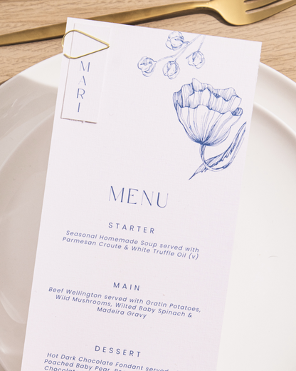 Wedding menu & place card with gold clip 