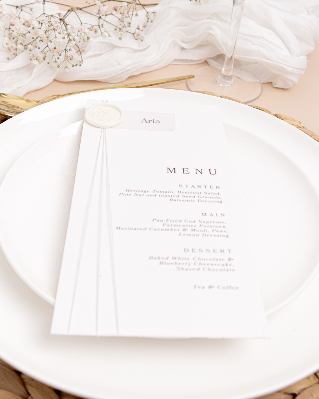 ivory wax seal wedding menu and vellum place card