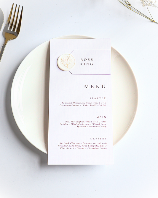 Classic White Wax Seal Wedding Menu & Place Setting