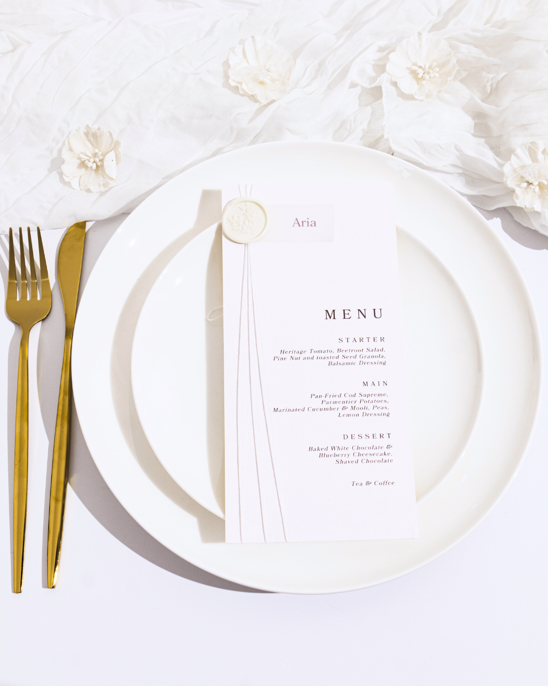 ivory wax seal wedding menu and vellum place card