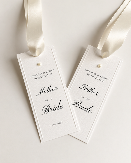 Perla Pearl Embossed Chair Tags: Wedding Reserved Seating with Ribbon