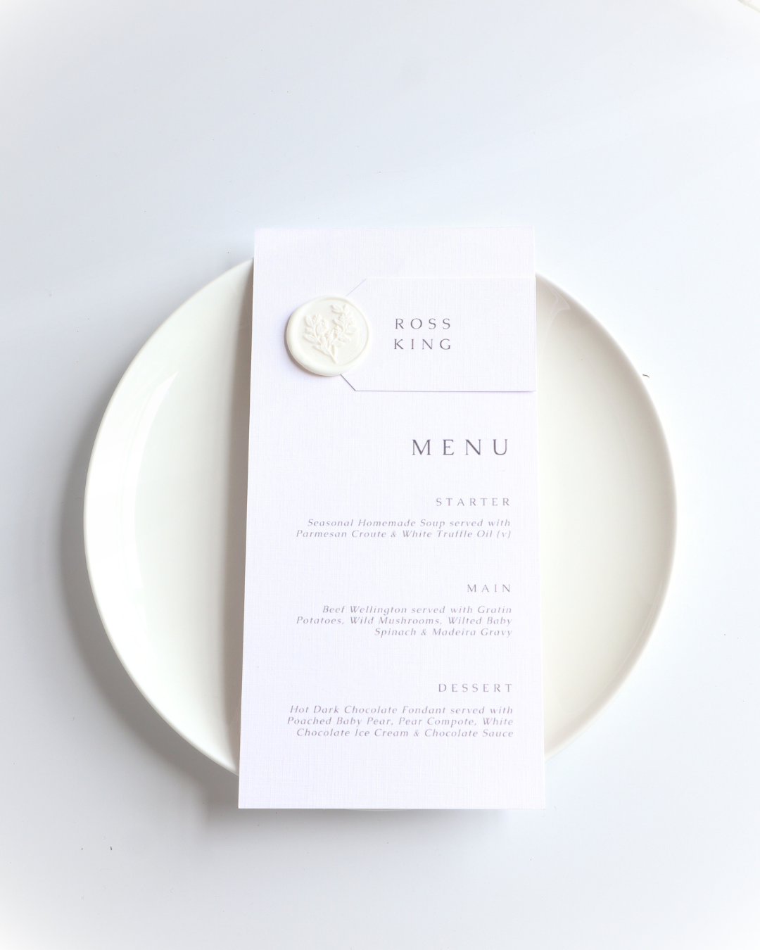 Classic White Wax Seal Wedding Menu & Place Setting