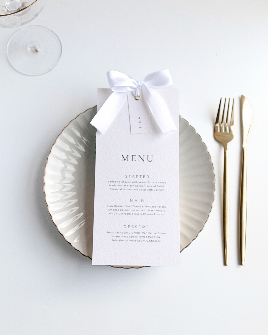 White Silk Ribbon Wedding Menu with Place Name