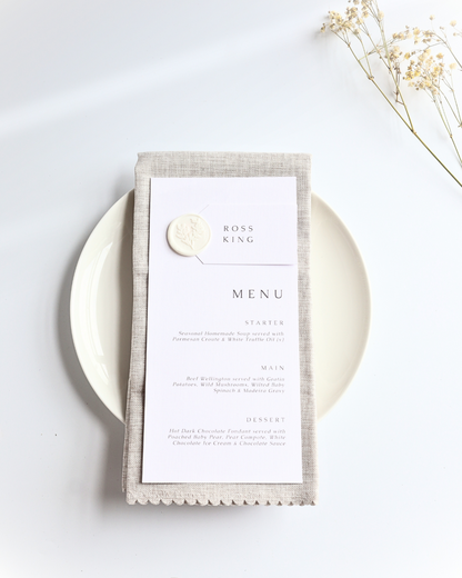 Classic White Wax Seal Wedding Menu & Place Setting