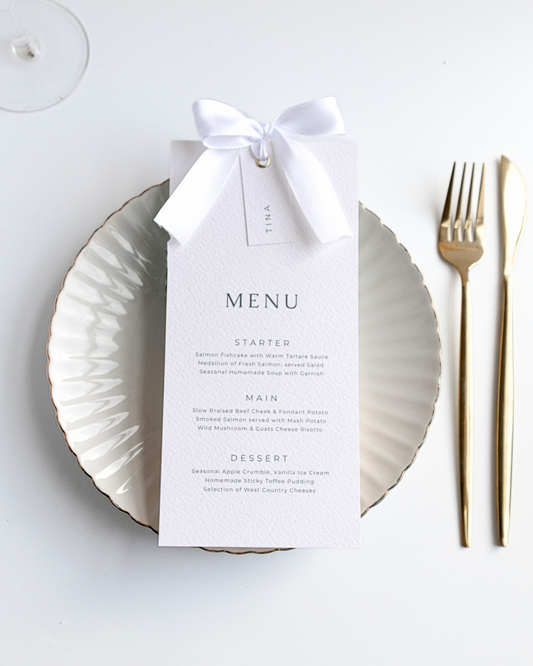 White Silk Ribbon Wedding Menu with Place Name