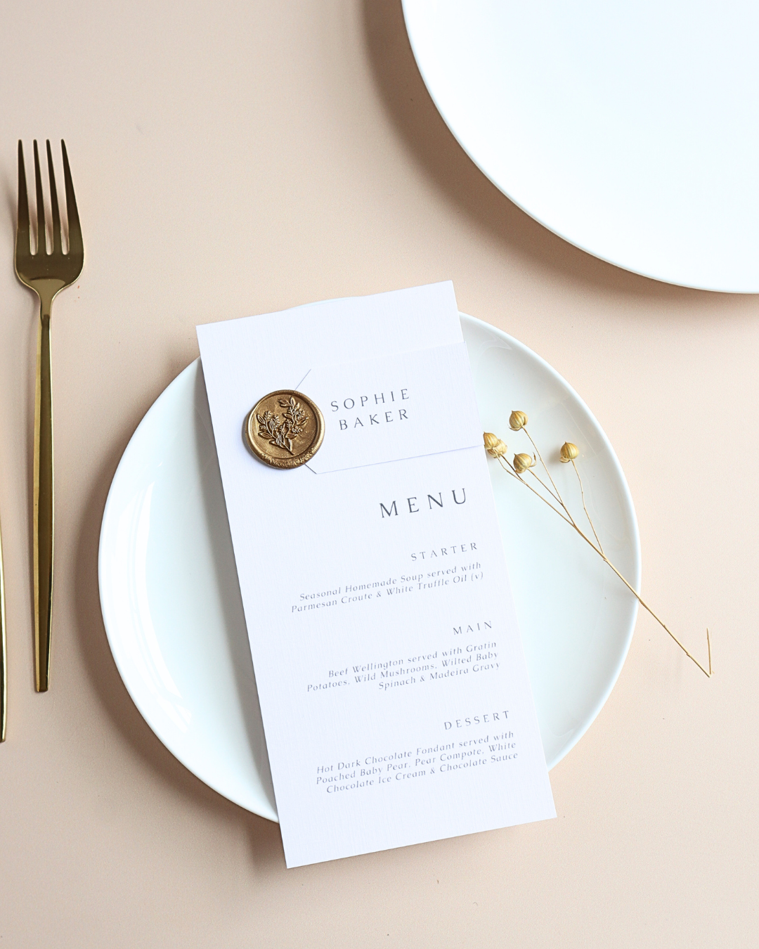 Classic Gold Wax Seal Wedding Menu & Place Setting