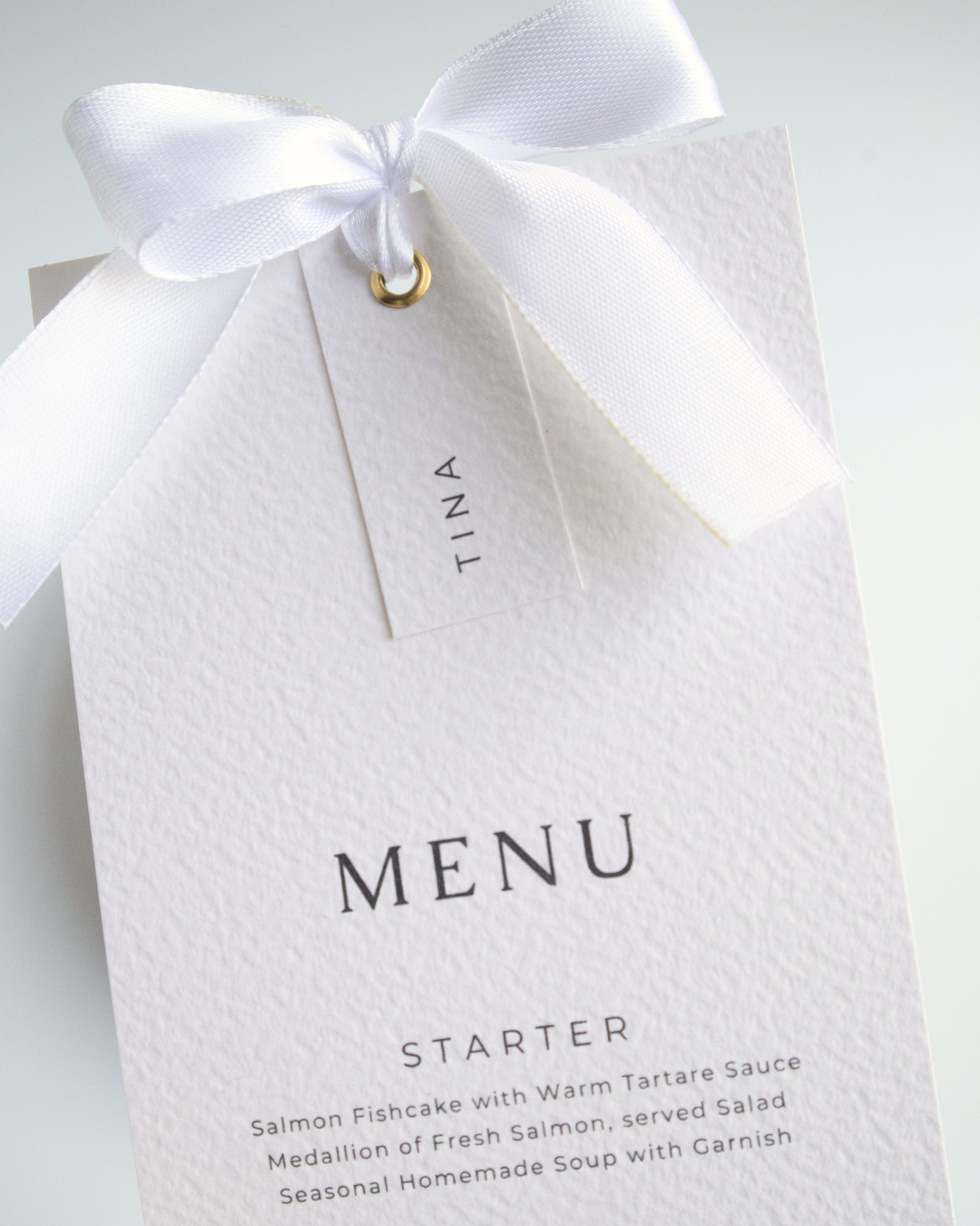 White Silk Ribbon Wedding Menu with Place Name