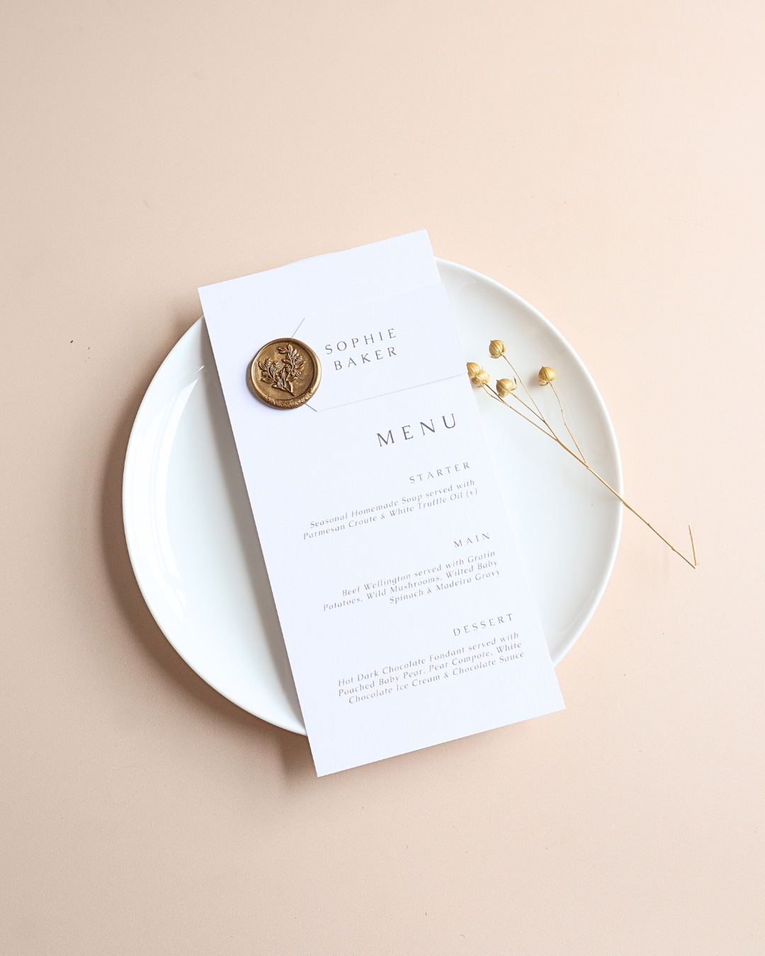 Classic Gold Wax Seal Wedding Menu & Place Setting