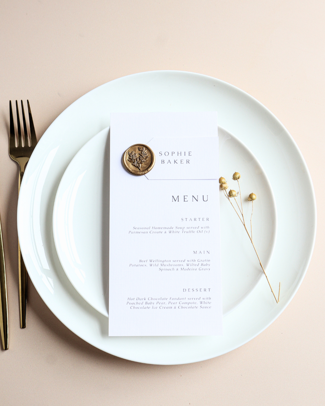 Classic Gold Wax Seal Wedding Menu & Place Setting