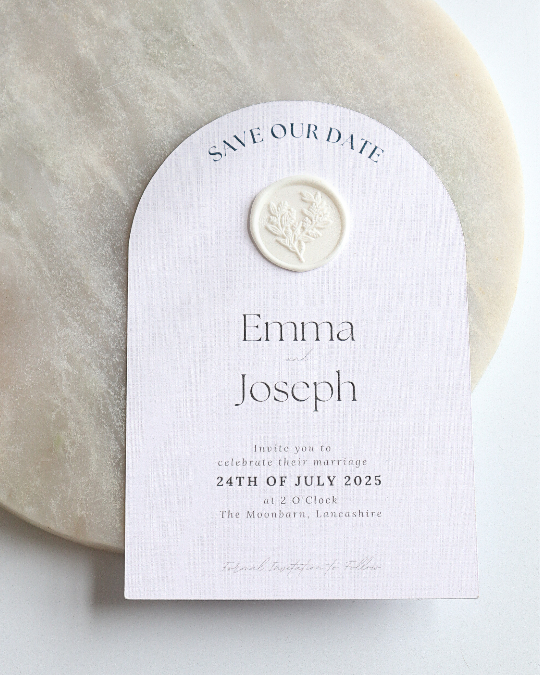 Boho Arch Save The Date with White Wax Seal