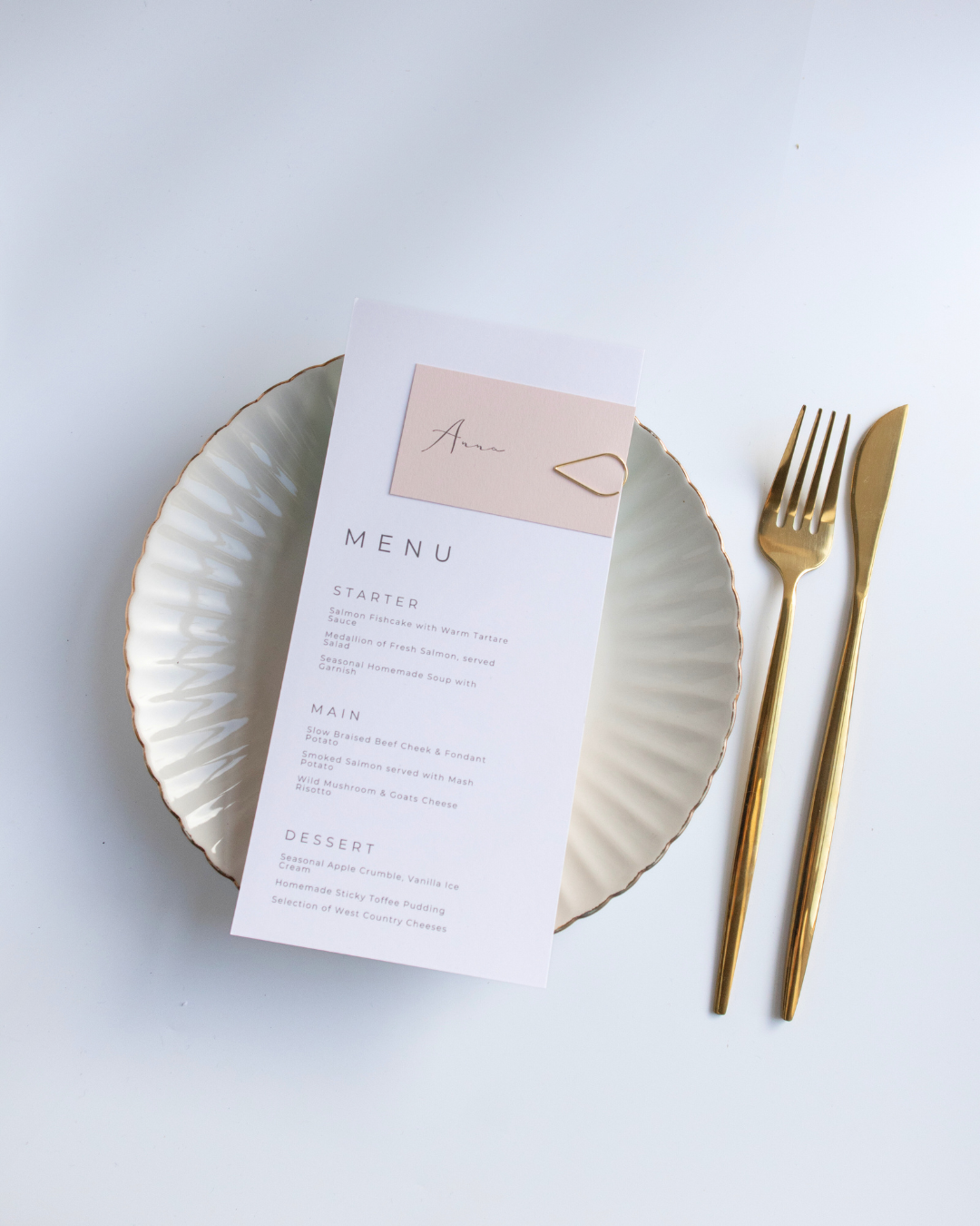 Gold Teardrop Clip Wedding Menu with Place Name in Pink