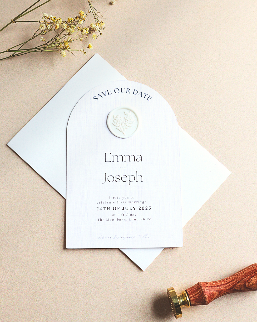 Boho Arch Save The Date with White Wax Seal