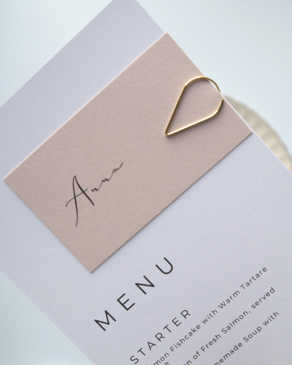 Gold Teardrop Clip Wedding Menu with Place Name in Pink