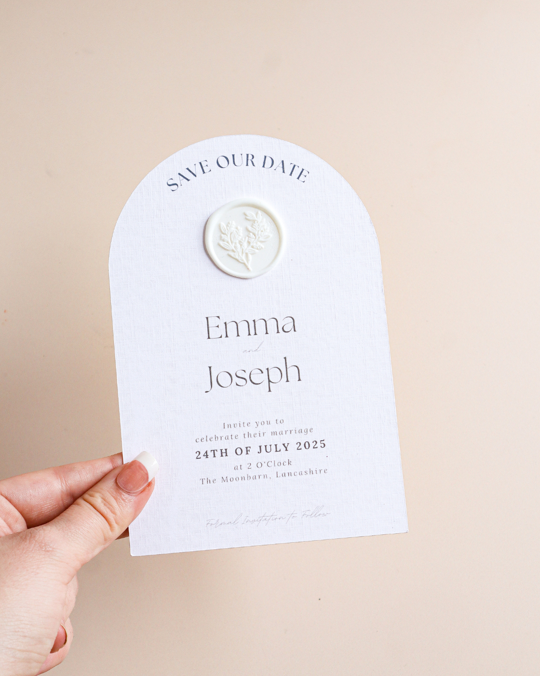 Boho Arch Save The Date with White Wax Seal