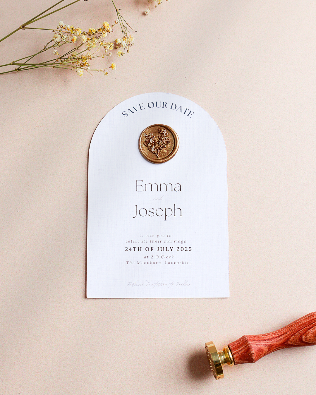 Boho Arch Save The Date with Gold Wax Seal