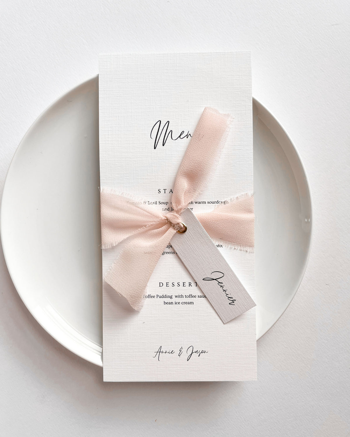 Eleanor Wedding Menu with Chiffon Ribbon & Place-Name