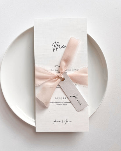 Eleanor Wedding Menu with Chiffon Ribbon & Place-Name
