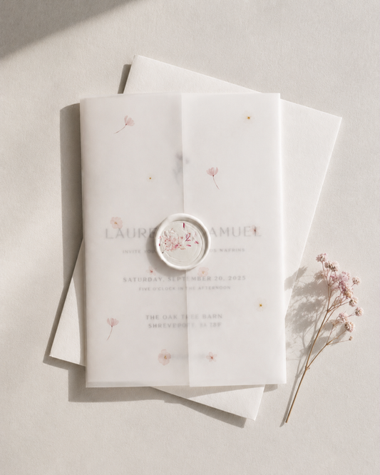 Floral Vellum Wedding Invitation Suite with Pressed Flower Wax-Seal - 'Harper'
