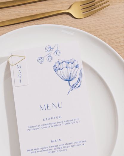 Wedding menu & place card with gold clip 