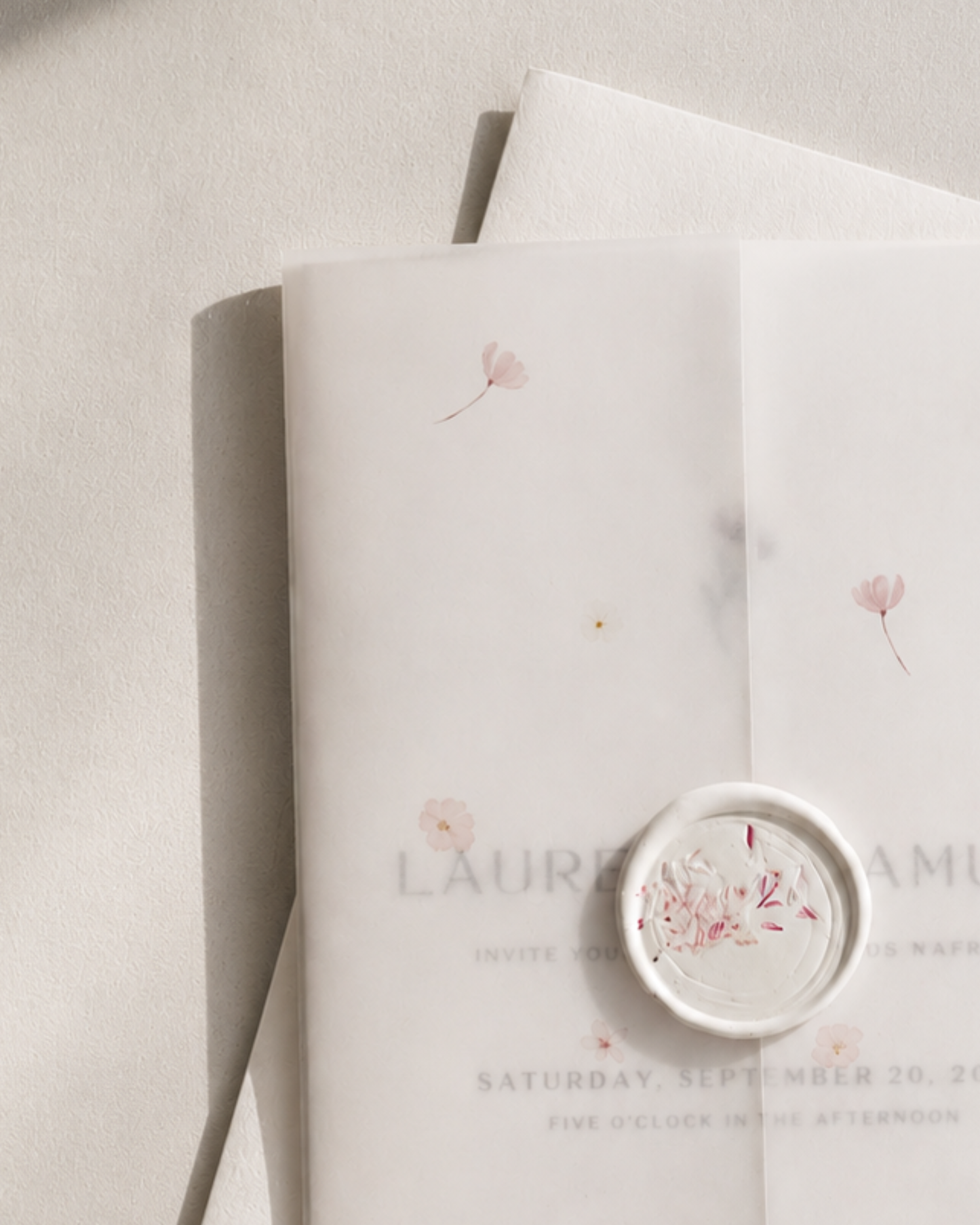 Floral Vellum Wedding Invitation Suite with Pressed Flower Wax-Seal - 'Harper'