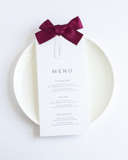 Burgundy Ribbon wedding menu with satin ribbon and neutral place setting