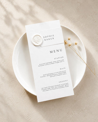 Eleanor Gold Wax Seal Wedding Menu & Place Setting