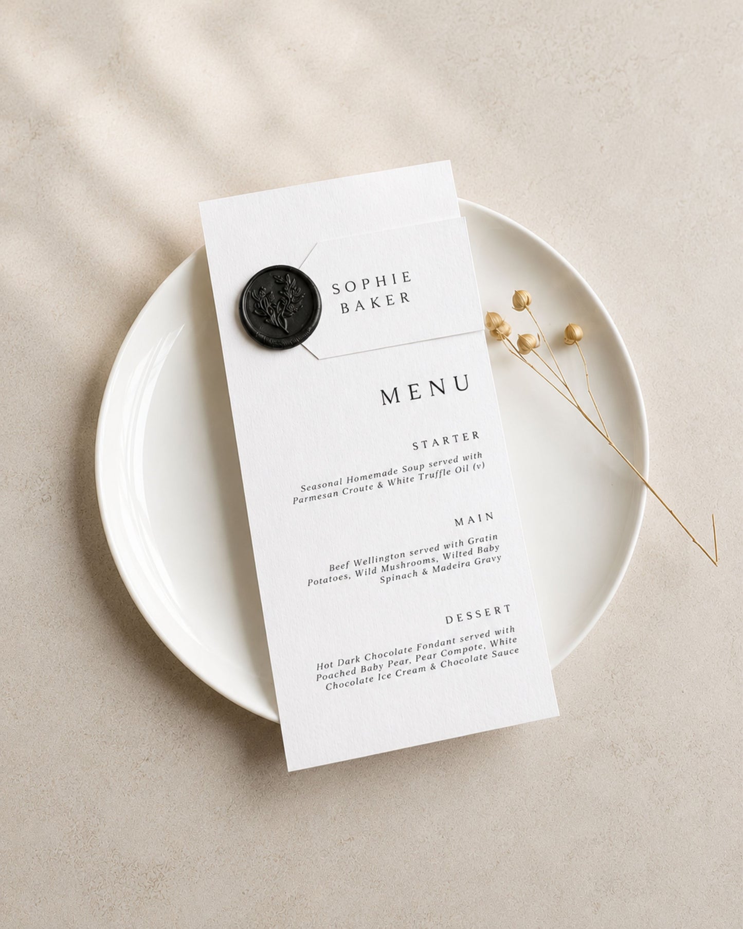 Eleanor Gold Wax Seal Wedding Menu & Place Setting