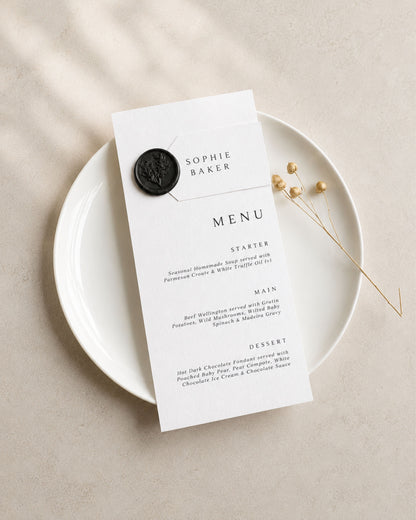 Eleanor Gold Wax Seal Wedding Menu & Place Setting