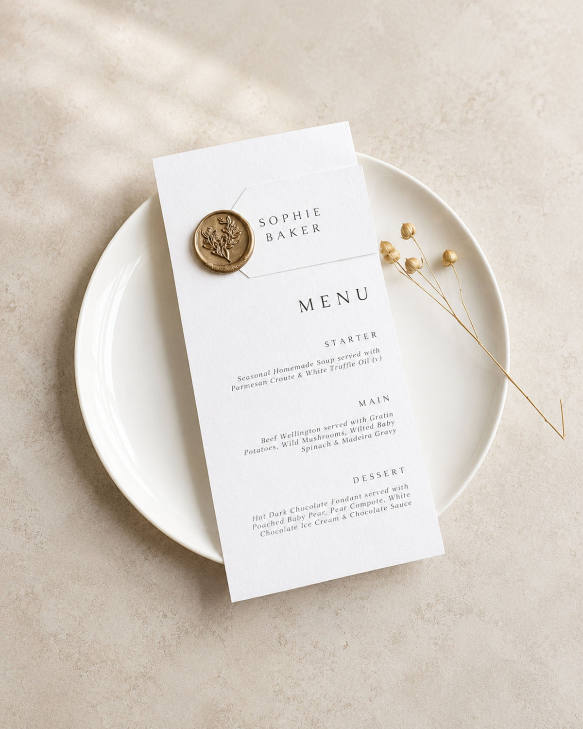 Eleanor Gold Wax Seal Wedding Menu & Place Setting