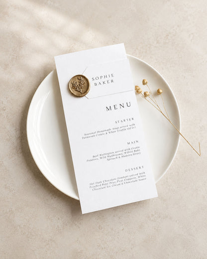 Eleanor Gold Wax Seal Wedding Menu & Place Setting