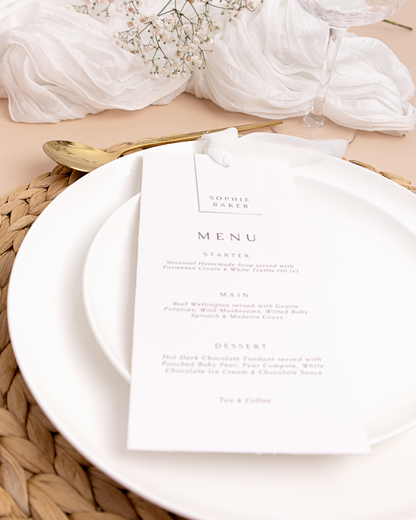 White wedding menu & chiffon ribbon with place card