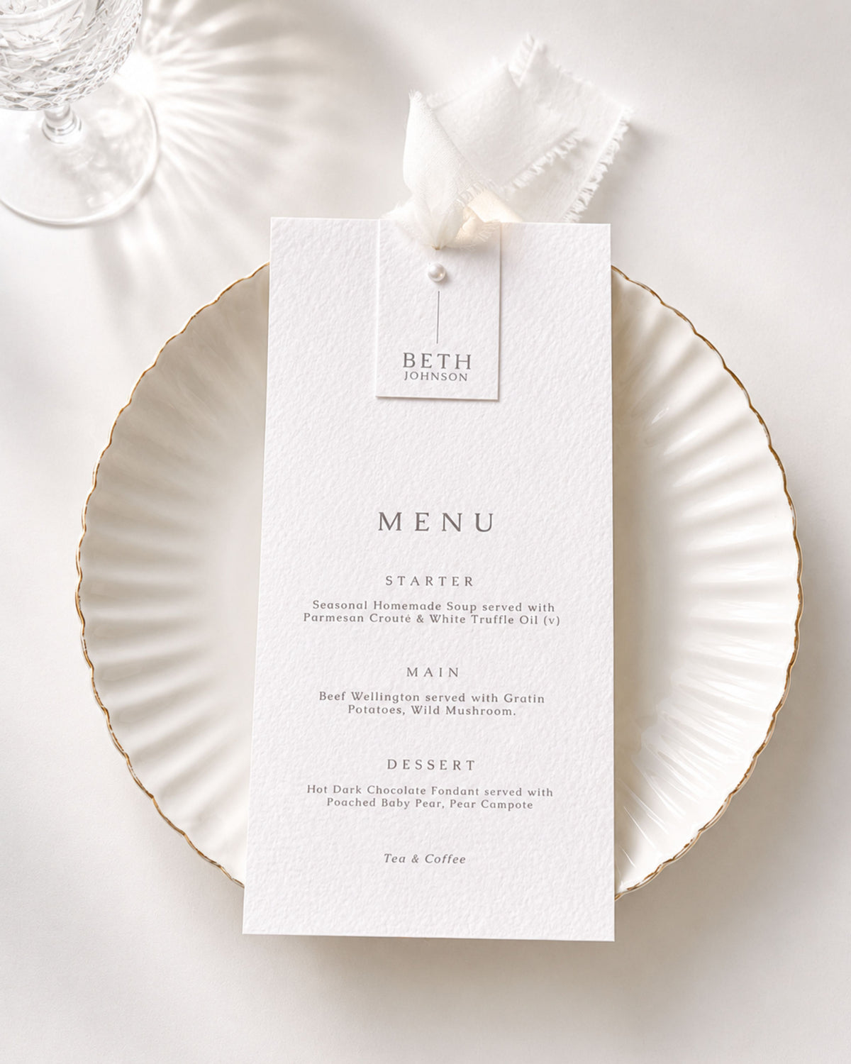 Perla Chiffon Ribbon Wedding Menu with Place Name & Pearl