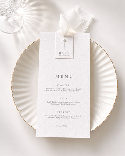 Perla Chiffon Ribbon Wedding Menu with Place Name & Pearl