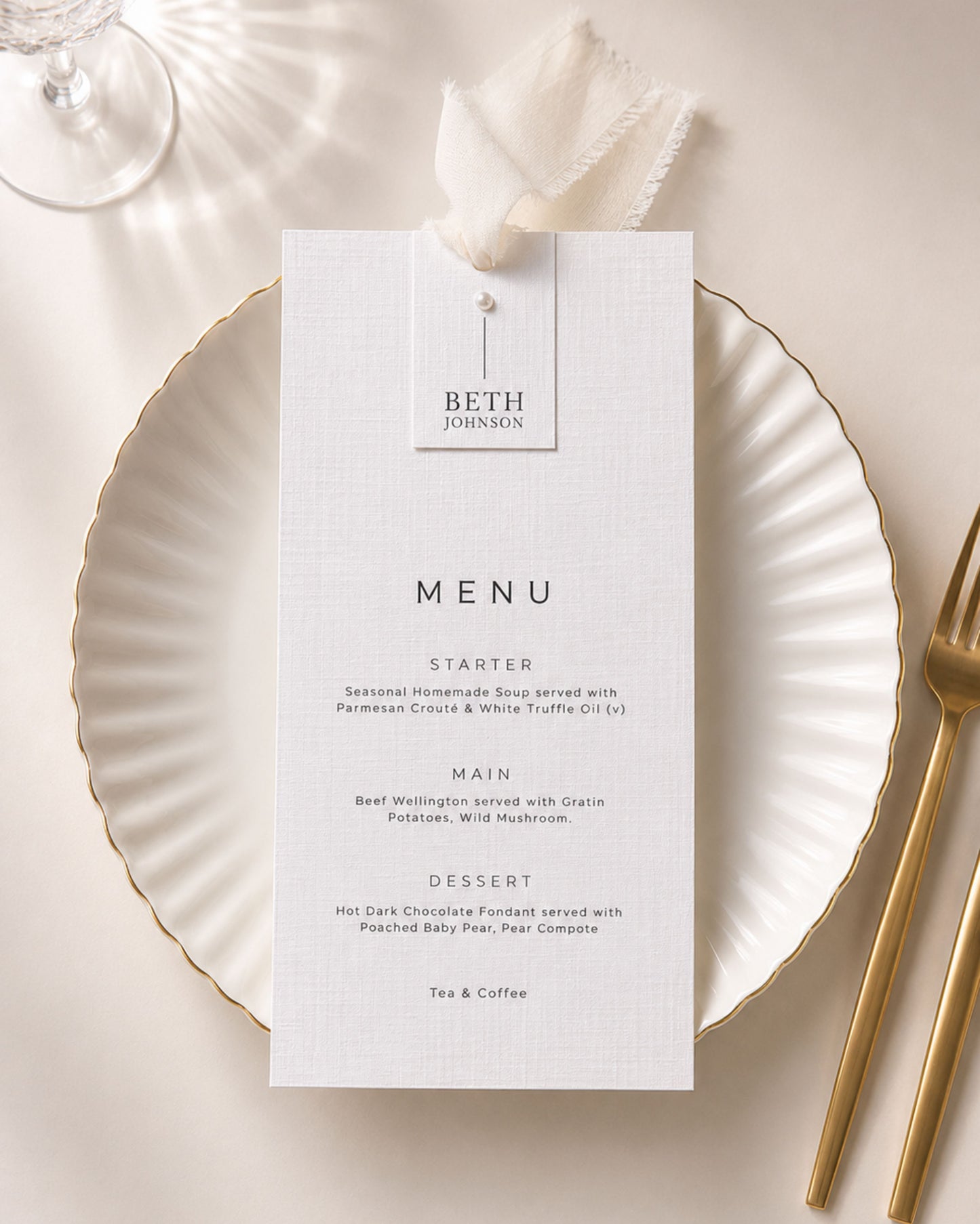 Perla Chiffon Ribbon Wedding Menu with Place Name & Pearl