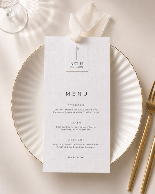 Perla Chiffon Ribbon Wedding Menu with Place Name & Pearl