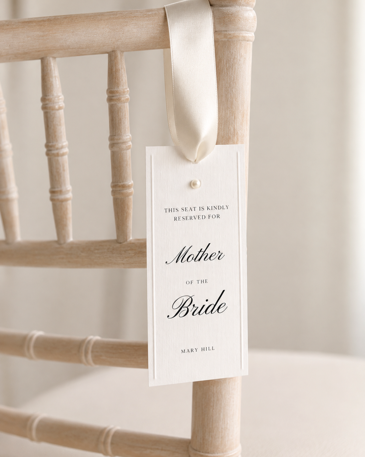 Perla Pearl Embossed Chair Tags: Wedding Reserved Seating with Ribbon