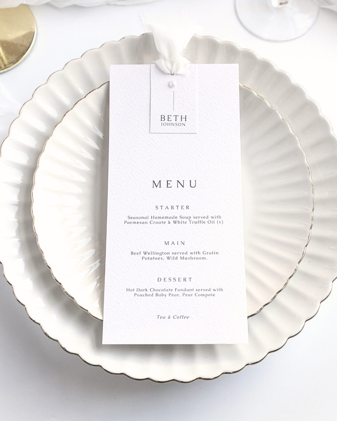 Perla Chiffon Ribbon Wedding Menu with Place Name & Pearl